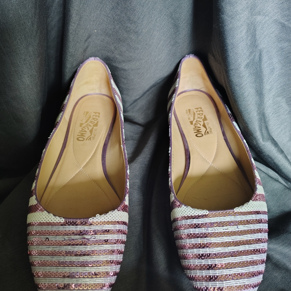 Salvatore Ferragamo Women's Striped Sequin Flats - Purple and White